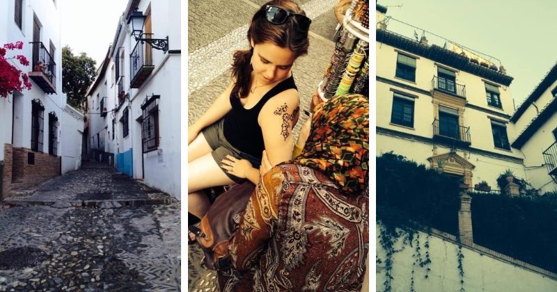Three scenes: a cobblestone street, a woman getting a henna tattoo, and a historic building with greenery.