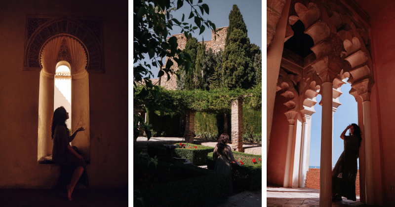 Three images showcase serene moments: a woman by a window, a lush garden, and a historical architectural space.