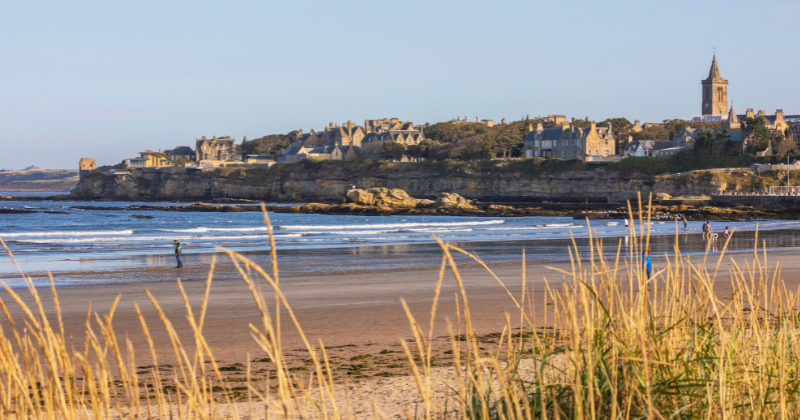 a beach and stone houses overlooking it