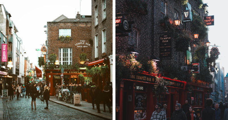 outside views of the temple bar lit with shining lights