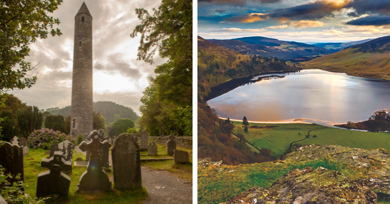 on the left a tall stone building with a grave yard in front. On the right a big lake surrounded by mountains