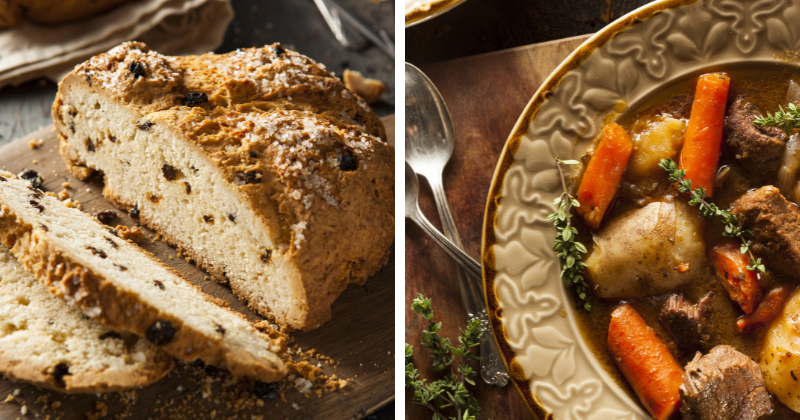 on the left a half sliced fruit loaf and on the right an irish stew with carrots and potatoes