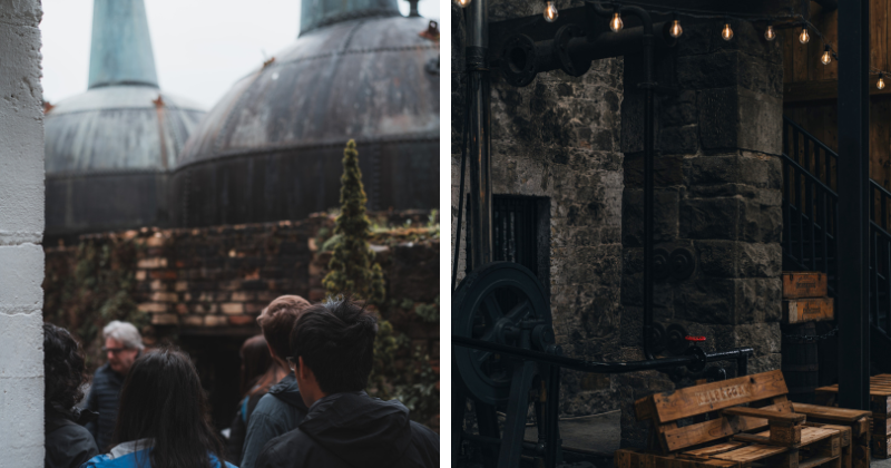on the left the back of peoples heads while tour guide talks, on right a bench in front of a stoned wall