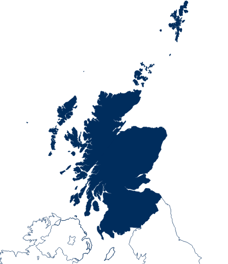 Outline of Scotland in a deep blue color, representing Rabbie's Tours for small group adventures in the UK.